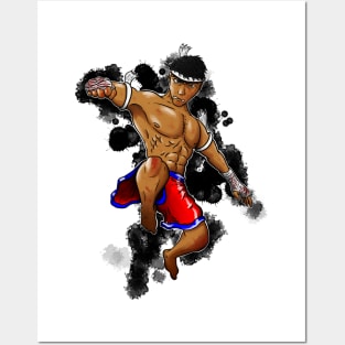 Muay Thai Fighter with black ink splats Posters and Art